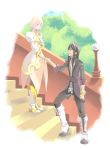  1boy 1girl belt black_hair bracer bush closed_mouth doroimo dress estellise_sidos_heurassein gloves hand_on_own_chest long_hair looking_at_another open_mouth pink_hair short_hair smile stairs tales_of_(series) tales_of_vesperia yuri_lowell 