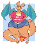  2020 3_toes absurd_res aimbot-jones anthro barefoot belly bodily_fluids bottomwear breasts charizard claws clothed clothing countershade_tail countershade_torso countershading cutoffs denim denim_clothing dragon female fire flying_sweatdrops front_view half-closed_eyes hands_behind_back hi_res horn looking_away membrane_(anatomy) membranous_wings midriff narrowed_eyes navel nintendo non-mammal_breasts orange_body orange_scales overweight overweight_anthro overweight_female pok&eacute;mon pok&eacute;mon_(species) scales scalie shirt shorts smile solo standing sweat sweatdrop thick_tail thick_thighs toe_claws toes topwear valentina_(aimbot-jones) video_games wide_hips wings 
