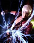  1boy blue_eyes coat dante_(devil_may_cry) devil_may_cry devil_may_cry_3 ebony_&amp;_ivory electric_guitar electricity fingerless_gloves gloves guitar highres instrument looking_at_viewer male_focus music nevan_(weapon) official_art playing_instrument red_coat solo white_hair 