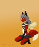  anthro arthropod bee black_body black_fur breasts brown_body brown_fur canid canine clothed clothing female fluffy fluffy_tail fox fur green_eyes grey_hair hair hybrid hymenopteran insect kneeling mammal multicolored_body multicolored_fur saruuk simple_background smile solo white_body white_fur wings 