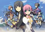  3boys 3girls armor black_eyes black_hair blue_hair brown_hair dog estellise_sidos_heurassein flat_chest gloves green_eyes judith karol_capel kiseru long_hair multiple_boys multiple_girls nobu_(knob) pink_hair pipe pointy_ears polearm purple_eyes raven_(tales) repede rita_mordio scroll short_hair spear tales_of_(series) tales_of_vesperia weapon yuri_lowell 