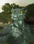  anthro detailed_background fangs green_body grey_body lizard male multicolored_body muscular muscular_anthro muscular_male reptile saruuk scalie scar solo two_tone_body yellow_sclera 