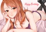 1girl arm_rest ass bangs bare_arms bed bed_sheet black_legwear blush bra bra_strap breasts cleavage collarbone english_text floral_print gradient gradient_background happy_birthday houjou_karen idolmaster idolmaster_cinderella_girls large_breasts legs_up long_hair looking_at_viewer lying nail_polish on_bed on_stomach orange_eyes orange_hair panties purple_bra purple_panties shogun_(a96040021) sleeveless smile solo thighhighs thong underwear underwear_only 