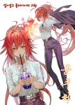  1girl ahoge bangs belt black_footwear blush breasts buckle collared_shirt cup drinking drinking_straw fire gyudong123 hair_between_eyes high_collar high_heels highres holding holding_cup jacket long_hair looking_at_viewer magic messy_hair multiple_views original pants ponytail purple_jacket purple_pants red_eyes red_hair shirt sidelocks sleeves_folded_up smile sweatdrop white_shirt 