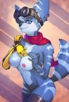  anthro blue_body blue_eyes breasts clothing ear_piercing female handwear headgear headwear hi_res lombax mammal nipples piercing rainset ratchet_and_clank ratchet_and_clank:_rift_apart rift_apart_lombax solo sony_corporation sony_interactive_entertainment video_games 