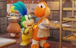  2020 3_toes 3d_(artwork) anthro apron blue_hair bowl cinnamoncookies clothing cookie cookie_(cinnamoncookies) cooling_rack digital_media_(artwork) dough duo egg food goomba hair hi_res kitchen kitchen_utensils koopa_troopa koopaling larry_koopa male mario_bros nintendo orange_yoshi scalie toeless_footwear toes tools video_games yoshi 