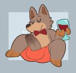  alcohol anthro beverage birdvian bottomwear bow_tie bulge canid canine clothing eyes_closed facebook facebook_fox facebook_stickers foreskin fox genitals hi_res male mammal penis shorts simple_background smile solo spread_legs spreading uncut wine wine_glass 