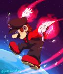  alternate_costume blue_eyes boots brown_hair facial_hair flying gloves glowing_hands highres male_focus mario mario_(series) mustache outstretched_arms overalls platiniridium red_shirt shirt simple_background space super_mario_bros. super_mario_galaxy white_gloves 