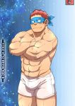  abs alternate_costume bara blush boxers brown_hair bulge chest crossed_arms ei_(bara_artist) facial_hair gunzo_(tokyo_houkago_summoners) male_focus manly mask muscle navel pectorals scar shirtless short_hair sideburns stubble tokyo_houkago_summoners underwear upper_body 