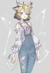  1girl animal_ears bare_shoulders blonde_hair blue_eyes blue_overalls brown_hair casual cowboy_shot don3 extra_ears eyebrows_visible_through_hair floral_print frilled_shirt frills giraffe_ears giraffe_girl giraffe_horns giraffe_tail horns kemono_friends kemono_friends_3 long_sleeves multicolored_hair neck_ribbon off-shoulder_shirt off_shoulder official_alternate_costume overalls pinstripe_pattern pinstripe_shirt puffy_sleeves red_ribbon ribbon shirt short_hair sivatherium_(kemono_friends) sleeveless solo striped tail white_shirt 