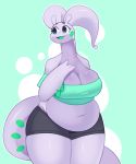  2020 absurd_res antennae_(anatomy) anthro belly big_breasts blue_eyes bottomwear breasts cleavage clothed clothing crop_top dragon eyelashes female goodra hand_behind_back hi_res huge_breasts kiwihermit long_neck looking_aside midriff navel nintendo open_mouth overweight overweight_anthro overweight_female pok&eacute;mon pok&eacute;mon_(species) portrait purple_body shirt shorts slime smile solo standing thick_thighs three-quarter_portrait tongue topwear video_games wide_hips 