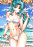  1girl bikini bishoujo_senshi_sailor_moon bracelet breasts cameltoe cleavage closed_mouth collarbone contrapposto cowboy_shot curly_hair floating_hair green_eyes green_hair groin hair_intakes highres jewelry kaiou_michiru long_hair marker_(medium) medium_breasts navel ocean sideboob smile solo standing swimsuit tomoeri traditional_media very_long_hair white_bikini 