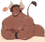  anthro biceps big_muscles big_pecs blush bodily_fluids bovid bovine bracelet brown_body brown_fur butt cattle facial_hair fur goatee hair hi_res horn jewelry male mammal muscular muscular_anthro muscular_male one_eye_closed pecs seductive seintaur smile solo sweat tail_tuft tuft wink 