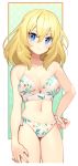  1girl bangs bikini blonde_hair blue_eyes border breasts cleavage closed_mouth commentary cowboy_shot floral_print girls_und_panzer gradient gradient_background green_background hand_on_hip hand_on_own_thigh looking_at_viewer medium_breasts medium_hair messy_hair navel oshida_(girls_und_panzer) outside_border print_bikini smile solo standing swimsuit tan3charge white_bikini 