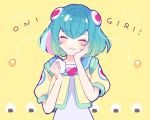  1girl blue_hair blush bun_cover closed_eyes closed_mouth eating food hagoromo_lala holding holding_food jacket medium_hair onigiri open_clothes open_jacket precure shiny shiny_hair shirt short_sleeves solo standing star_twinkle_precure suyamii upper_body white_shirt yellow_background yellow_jacket 