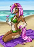  anthro beach clothing equid equine female hi_res horse mammal pose rainbowtiger sea seaside sitting solo swimwear water 