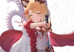  1girl animal_ears bangs braid breasts brown_eyes brown_flower commentary_request dog_ears erune eyebrows_visible_through_hair flower granblue_fantasy hair_flower hair_ornament hair_ribbon holding holding_sheath holding_sword holding_weapon katana kimblee light_brown_hair long_sleeves looking_at_viewer parted_lips red_ribbon ribbon rope sheath shimenawa simple_background small_breasts solo sword thick_eyebrows unsheathing upper_body vajra_(granblue_fantasy) water_drop weapon white_background wide_sleeves 