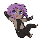  1girl :o armpits bangs bare_shoulders black_bodysuit blush bodysuit chibi dark_skin eyebrows_visible_through_hair fate/prototype fate/prototype:_fragments_of_blue_and_silver fate_(series) full_body hair_between_eyes hassan_of_serenity_(fate) highres i.u.y looking_at_viewer no_shoes open_mouth purple_eyes purple_hair simple_background solo stirrup_legwear toeless_legwear upper_teeth white_background 