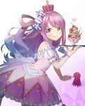  1girl :p absurdres candy_hair_ornament commentary_request crown dress food food_themed_hair_ornament fork hair_ornament hair_rings heterochromia highres himemori_luna hololive long_hair looking_at_viewer octopus parfait pink_hair plate simple_background solo tongue tongue_out 