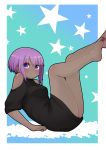  1girl ass bangs bare_legs bare_shoulders barefoot black_shirt blush breasts closed_mouth dark_skin eyebrows_visible_through_hair fate/prototype fate/prototype:_fragments_of_blue_and_silver fate_(series) from_side hassan_of_serenity_(fate) highres i.u.y leg_up looking_at_viewer looking_to_the_side puffy_short_sleeves puffy_sleeves purple_eyes purple_hair shirt short_sleeves shoulder_cutout small_breasts smile soles solo starry_background 