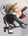  1girl animal_ears arknights bare_legs bent_over black_choker black_footwear black_jacket blonde_hair boots breasts candy choker cleavage commentary food from_above full_body fur-trimmed_jacket fur_trim grey_background hair_between_eyes highres holding holding_candy holding_food holding_lollipop holding_weapon jacket jacket_on_shoulders large_breasts leaning_forward lion_ears lion_tail lollipop long_hair looking_to_the_side mannouyakunta motion_blur open_clothes open_jacket ponytail red_shorts short_shorts shorts siege_(arknights) simple_background sledgehammer solo studded_choker tail tank_top thighs weapon white_tank_top yellow_eyes 