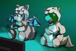  anthro clothing controller dragon duo gaming green_body lizard male open_mouth playing_videogame reptile saruuk scalie simple_background sitting suit tongue white_body wings 