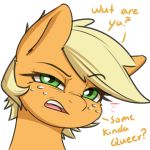  1:1 applejack_(mlp) blonde_hair captainpudgemuffin dialogue disgust earth_pony english_text equid equine eyebrows female feral freckles friendship_is_magic fur green_eyes hair hasbro hi_res horse looking_at_viewer mammal my_little_pony open_mouth orange_body orange_fur pony raised_eyebrow simple_background text 