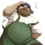  1:1 2014 anthro apron blush brown_body brown_fur canid canine canis clothing domestic_dog emufu fur kemono male mammal overweight overweight_anthro overweight_male shirt simple_background solo topwear white_background 