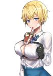  1girl belt black_gloves blonde_hair blue_eyes blue_neckwear blue_skirt blush bow bowtie breast_hold breasts bubble_tea_challenge cleavage closed_mouth cup drinking eyebrows_visible_through_hair girls_frontline gloves hand_on_breast highres large_breasts looking_at_viewer mole mole_under_eye open_eyes pengrani shirt short_hair skirt solo vsk-94_(girls_frontline) white_background white_shirt 