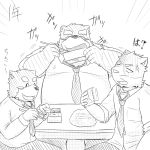  1:1 2014 angry anthro belly clothing domestic_cat eating emufu eyes_closed felid feline felis food group humanoid_hands japanese_text kemono male mammal monochrome necktie overweight overweight_male shirt sitting text topwear ursid 
