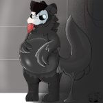  ambiguous_gender anthro belly big_belly blep bluutheferret bodily_fluids changed_(video_game) domestic_ferret dripping drooling glowing glowing_eyes goo_creature goo_transformation hi_res latex_transformation mammal mask mustela mustelid musteline rubber saliva solo stockings_(marking) tongue tongue_out transformation vore 