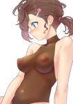  1girl blue_eyes blush bodystocking breasts brown_hair commentary covered_navel covered_nipples eyelashes from_side gegege_no_kitarou hair_ornament hairclip highres inuyama_mana medium_breasts nipples parted_lips ponytail profile see-through short_hair simple_background skin_tight solo terebi_(shimizu1996) white_background 