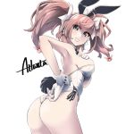  1girl animal_ears ass atlanta_(kantai_collection) black_neckwear bow bowtie breasts brown_hair bunny_ears bunny_tail bunnysuit character_name commentary_request detached_collar earrings from_behind gloves grey_eyes jewelry kantai_collection large_breasts leotard long_hair looking_back pantyhose partly_fingerless_gloves simple_background solo star_(symbol) star_earrings strapless strapless_leotard tail two_side_up uzuki_kosuke white_background white_gloves white_leotard wrist_cuffs 