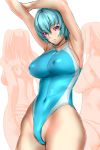  3girls absurdres arms_up ayanami_rei blue_hair blue_swimsuit breasts commentary_request covered_nipples cowboy_shot highres judge_(oekaki) large_breasts looking_at_viewer multiple_girls neon_genesis_evangelion red_eyes short_hair solo_focus stretch swimsuit white_background 