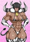  2020 abs absurd_res animal_humanoid animal_print armwear bell bell_collar biceps big_muscles bikini black_hair bovid bovid_humanoid bovine bovine_humanoid breasts brown_body brown_skin cattle_humanoid cleavage clothed clothing collar cow_print deltoids ear_piercing elbow_gloves female gloves hair handwear hi_res horn huge_muscles humanoid hyper hyper_muscles legwear mammal mammal_humanoid muscular muscular_female navel piercing pink_eyes pinkdiablo quads swimwear thigh_highs triceps 