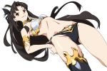  1girl black_hair black_legwear black_ribbon breasts fate/grand_order fate_(series) hair_ribbon hand_on_hip ishtar_(fate)_(all) ishtar_(fate/grand_order) long_hair looking_at_viewer medium_breasts midriff navel red_eyes ribbon simple_background single_thighhigh smile solo thighhighs thighs two_side_up umanosuke white_background 