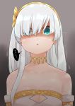  1girl anastasia_(fate/grand_order) aqua_eyes bangs bare_shoulders breasts cleavage cleavage_cutout dress eyebrows_behind_hair fate/grand_order fate_(series) glowing glowing_eyes grey_background hair_over_one_eye hairband highres i.u.y long_hair looking_at_viewer medium_breasts parted_lips shaded_face silver_hair solo strapless strapless_dress sweat translation_request upper_body white_dress yellow_hairband 