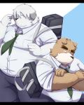  2014 4:5 anthro belly black_bars bottomwear brown_body brown_fur canid canine canis clothing domestic_dog duo emufu fur kemono letterbox male mammal necktie overweight overweight_male pants shirt topwear 
