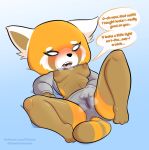  2020 aggressive_retsuko ailurid anthro blush bodily_fluids breasts clothed clothing dialogue english_text exposed_breasts female fingering fingering_self fur gametimeasia genital_fluids lying mammal masturbation nipples on_back orange_body orange_fur partially_clothed pussy_juice raised_clothing red_panda retsuko sanrio solo text vaginal vaginal_fingering vaginal_masturbation 