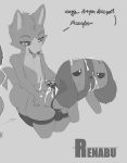  animate_inanimate anthro bent_over big_butt bodily_fluids bulge butt butt_grab canid clothed clothing cum cum_in_mouth cum_inside cum_on_butt cum_on_face cum_on_head dialogue duo english_text eye_roll fur genital_fluids genitals girly grey_background hand_on_butt hi_res hot_dogging legwear looking_pleasured male male/male mammal monochrome nintendo nintendo_switch nude open_mouth partially_clothed penis renabu short_stack simple_background smile standing stockings switch_dog text thick_thighs tongue tongue_out topless underwear video_games wide_hips 