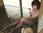  1girl ahoge alcohol bangs bath bathing bikini blue_eyes blush braid breasts brown_hair commentary_request fikusipu hair_flaps hair_ornament hair_over_shoulder halterneck highres kantai_collection long_hair looking_at_viewer medium_breasts navel onsen partially_submerged remodel_(kantai_collection) sake shigure_(kantai_collection) smile solo swimsuit water 