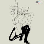  1:1 2020 alien anthro assault_rifle big_breasts bikini black_and_white boots breasts burger captain_amelia clothing disney felid feline female food footwear fours_(artist) front_view gun hi_res holding_food holding_gun holding_object holding_weapon legwear line_art looking_at_viewer mammal monochrome pubes ranged_weapon rifle sling_bikini solo swimwear thigh_highs treasure_planet weapon 