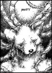  2020 ambiguous_gender anthro anxiety black_and_white black_nose black_text black_text_border bodily_fluids canid crying english_text fur half-closed_eyes mammal monochrome narrowed_eyes o-kemono solo tears text thorns unknown_species url vines white_body white_fur white_text 