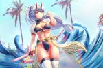  1girl absurdres bikini blue_sky breasts cleavage cleavage_cutout commentary_request fate/grand_order fate_(series) from_below hair_between_eyes highres holding holding_sword holding_weapon horns huge_filesize katana long_hair low-tied_long_hair medium_breasts midriff mitsudomoe_(shape) navel oni_horns palm_tree ponytail purple_bikini red_eyes red_horns satsuki_(swkerc) see-through see-through_sleeves short_sleeves silver_hair sky solo swimsuit sword thighhighs tomoe_(symbol) tomoe_gozen_(fate/grand_order) tomoe_gozen_(swimsuit_saber)_(fate) tree underboob very_long_hair waist_cape weapon white_legwear 