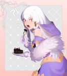  !? 1girl artist_request bare_shoulders cake cake_slice chocolate_cake choker commentary dress elbow_gloves english_commentary fire_emblem fire_emblem:_three_houses fire_emblem_heroes floating_hair food fork fur_trim gloves hair_between_eyes highres holding holding_food holding_fork holding_plate jewelry long_hair looking_at_viewer lysithea_von_ordelia open_mouth pink_eyes plate purple_dress signature solo strapless strapless_dress teeth tied_hair veil white_gloves white_hair 