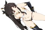  1girl black_hair black_legwear black_ribbon breasts closed_mouth fate/grand_order fate_(series) hair_ribbon ishtar_(fate)_(all) ishtar_(fate/grand_order) long_hair medium_breasts midriff navel red_eyes ribbon simple_background single_thighhigh smile solo thighhighs two_side_up umanosuke white_background 