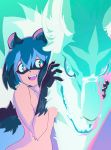  2020 5_fingers anthro blue_hair brand_new_animal brown_body brown_fur canid canine canis claws duo eye_contact fangs female feral fingers fluffy fluffy_tail fur hair hi_res inner_ear_fluff looking_at_another male mammal michiru_kagemori nude official_art raccoon_dog shirou_ogami smile studio_trigger tanuki tuft unknown_artist white_body white_fur wolf 