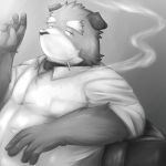  1:1 2014 anthro belly biped canid canine canis clothing domestic_dog emufu humanoid_hands kemono male mammal monochrome overweight overweight_anthro overweight_male shirt smoking solo topwear 