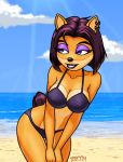  2020 activision anthro bandicoot beach bikini biped black_bikini black_clothing black_eyebrows black_nose black_swimwear blue_eyes blue_sky breasts clothed clothing cloud crash_bandicoot_(series) day detailed_background digital_media_(artwork) ear_piercing ear_ring eyebrows eyelashes eyeshadow female front_view fur hair leaning leaning_forward lipstick liz_bandicoot makeup mammal marsupial multicolored_body multicolored_fur nipple_outline orange_body orange_fur outside piercing portrait purple_hair purple_lipstick purple_tail sand sea seaside short_hair short_tail sky small_tail solo standing swimwear three-quarter_portrait two_tone_body two_tone_fur video_games water yellow_body yellow_fur zaboom 