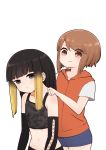  2girls :/ :3 bangs bare_shoulders black_hair blonde_hair blue_shorts blunt_bangs blush brown_eyes brown_hair brown_jacket camisole camouflage closed_mouth eyebrows_visible_through_hair eyes_visible_through_hair gradient_hair grey_camisole grey_eyes hand_on_another&#039;s_shoulder highres hood hood_down hooded_jacket i.u.y jacket kinuhata_saiai kuroyoru_umidori long_hair midriff multicolored_hair multiple_girls navel shirt short_shorts short_sleeves shorts sleeveless sleeveless_jacket to_aru_majutsu_no_index white_shirt 